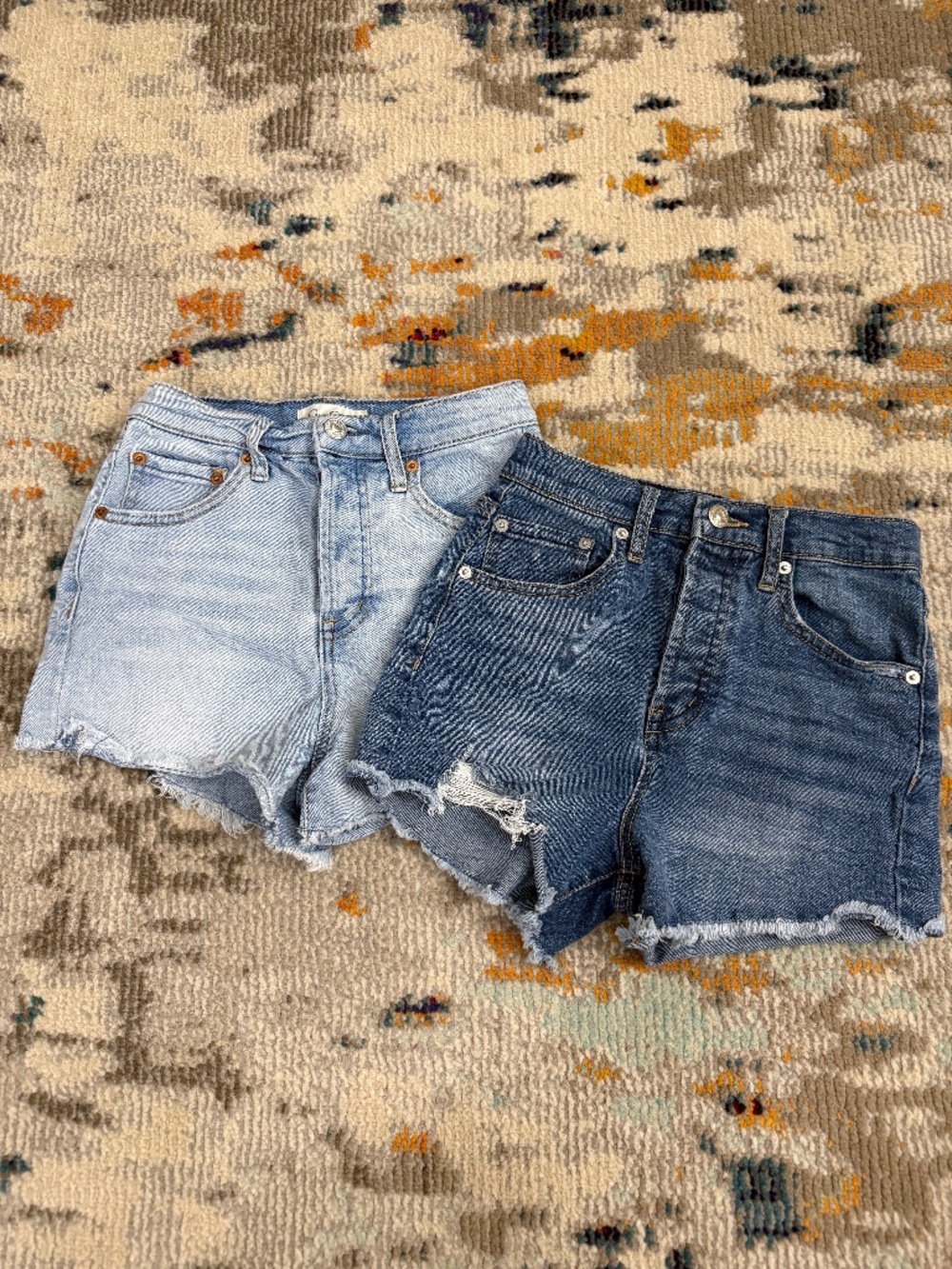 Lot of 2 raw distressed hem button fly high rise denim blue jean cutoff shorts